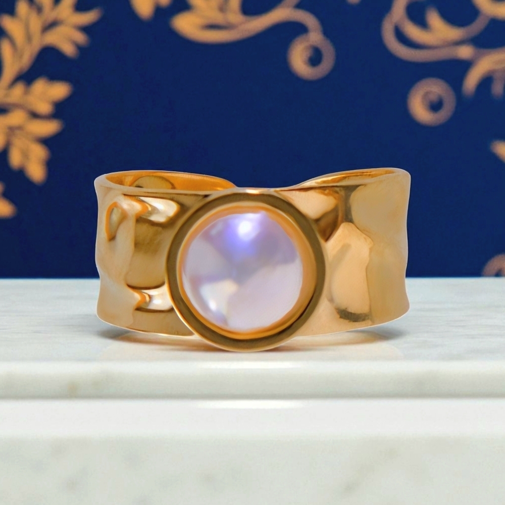 Celestial Statement Ring 18K Gold Plated Adjustable with Faux Pearl Glow - Picture 5 of 10